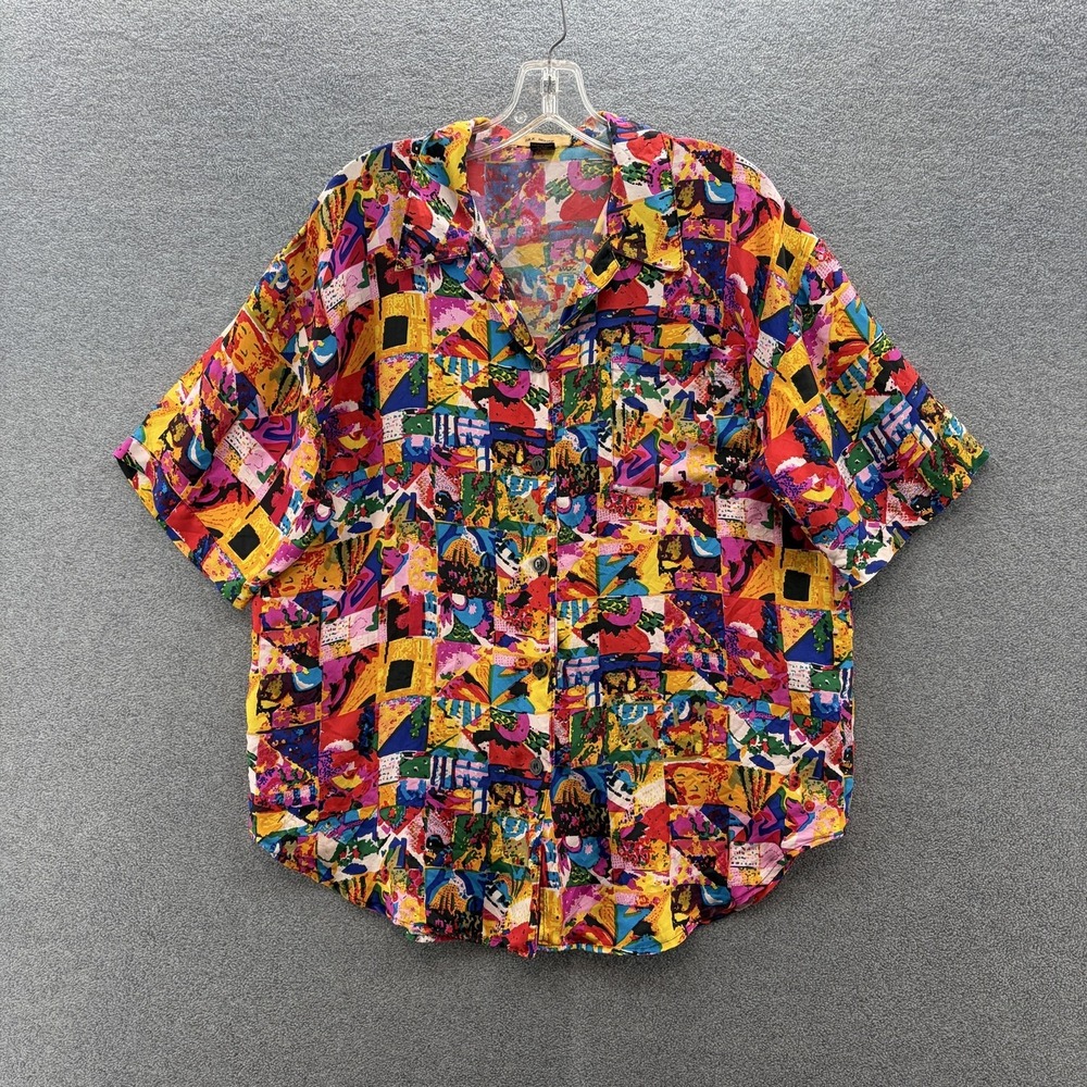 VTG 90s Silk House Shirt Women Medium Colorful Geo Print Silk Art Relaxed Blouse